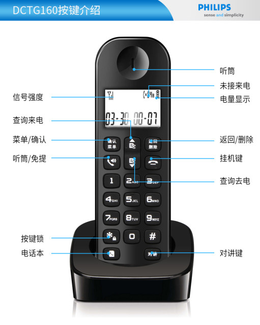 Philips DCTG160 digital cordless telephone machine Chinese office home landline telephone