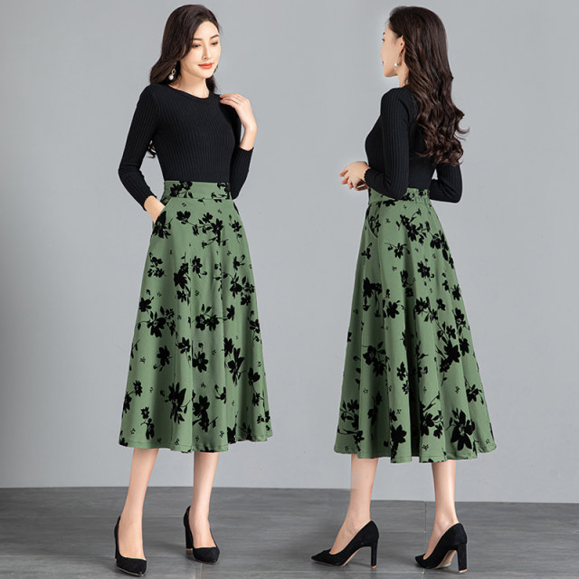 Women's Spring and Autumn 2025 new high-waisted A-line skirt to make you look slim mid-length printed pleated skirt large hem umbrella skirt