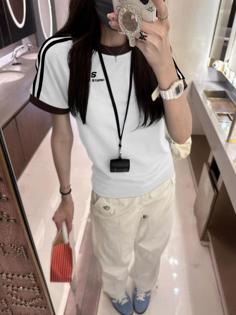Design Sensory Little Personal Practice Three Bars Pure Cotton Short -sleeved T -shirt Female Summer Summer Solid Girl Short Slim
