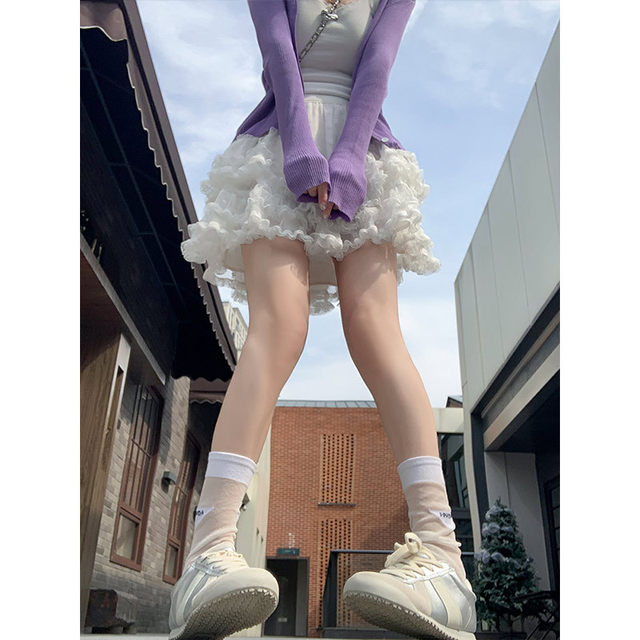 White lace fluffy cake short skirt for women in summer new large size lining high waist slim small A-line gauze skirt
