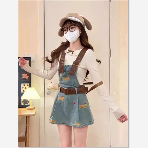 Sweet and cute denim strap skirt for women in spring and summer small girl age-reducing short skirt waist-hugging and slimming A-line dress