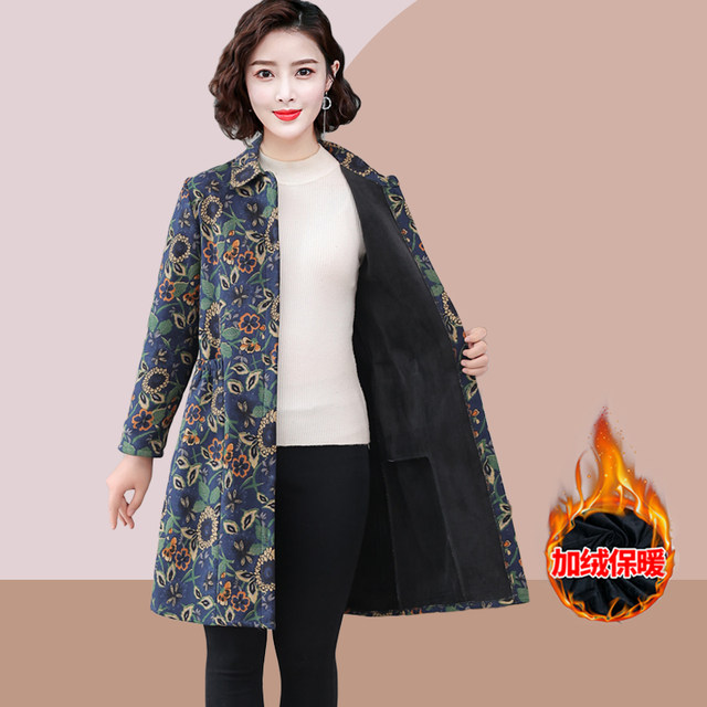 
Mother's clothing autumn and winter new velvet thickened windbreaker jacket middle-aged and elderly winter clothing mid-length warm floral top