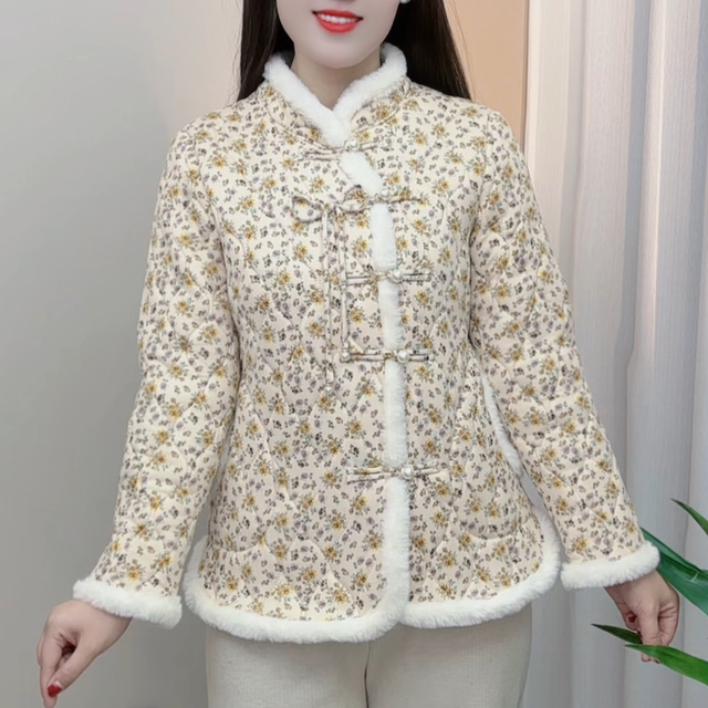 Chinese style new Internet celebrity cotton coat winter national style warm plus velvet cotton coat mother retro thickened floral cotton coat