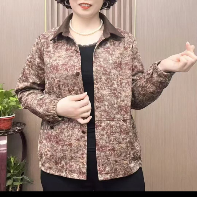 
2025 new autumn mother's clothing lapel floral long-sleeved jacket fashionable middle-aged and elderly women's tops