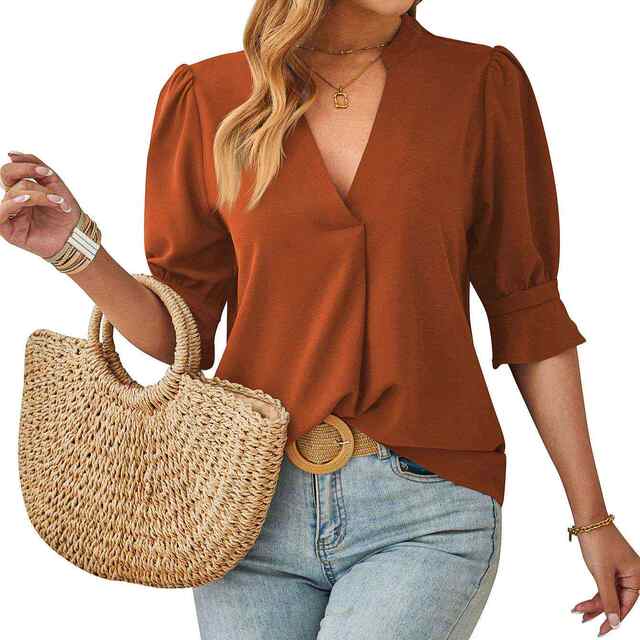 Cross-border European and American women's clothing 2024 Amazon Spring and Summer New Solid Color V-neck Mid Sleeve Comfortable Breathable Casual Top 723
