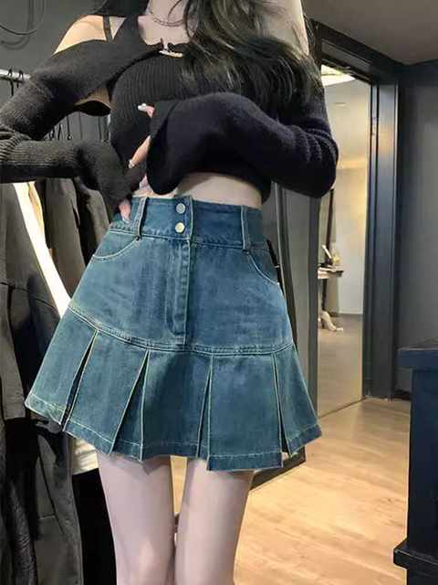 Retro high waist denim a-line shorts for women large size fat mm hot girl skirt washing cotton commuting pleated short skirt