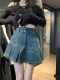 Retro high waist denim a-line shorts for women large size fat mm hot girl skirt washing cotton commuting pleated short skirt
