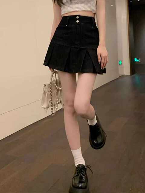 Retro high waist denim a-line shorts for women large size fat mm hot girl skirt washing cotton commuting pleated short skirt