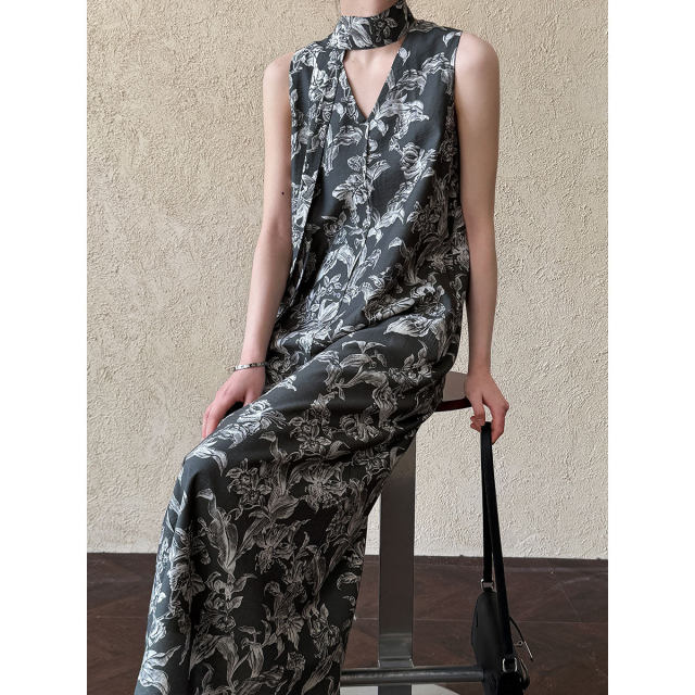 Good goods retro V-neck sleeveless lace-up dress for women's spring new loose printed casual vest skirt 3538