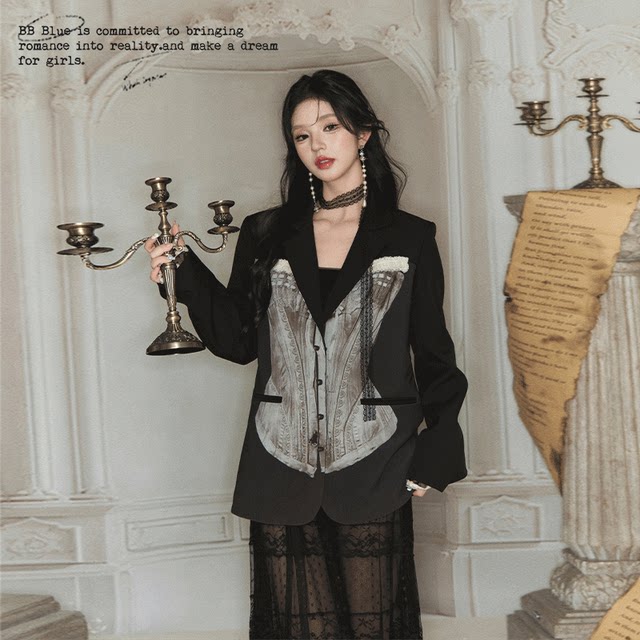 BB BLUE retro, fashionable, loose and versatile medieval waist, thin printed suit outer jacket female
