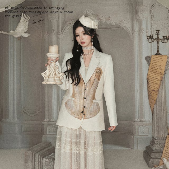 BB BLUE retro, fashionable, loose and versatile medieval waist, thin printed suit outer jacket female
