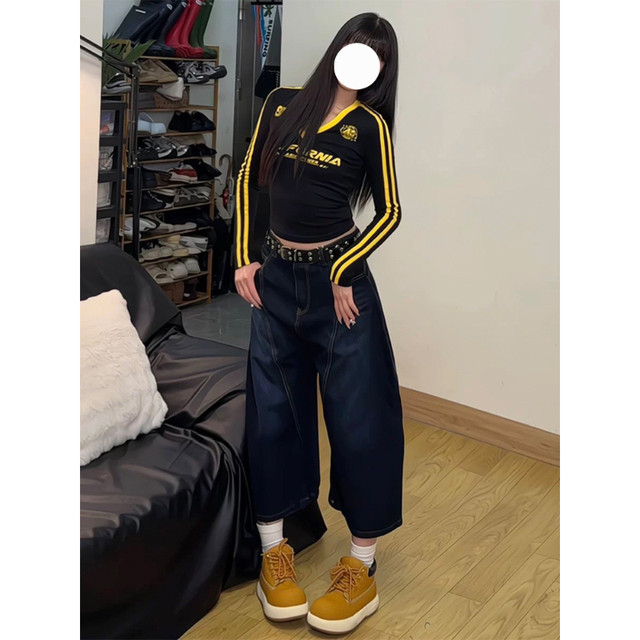 Large size fat mm American back embroidered scimitar pants jeans for women's summer new wide-leg cropped pants shorts