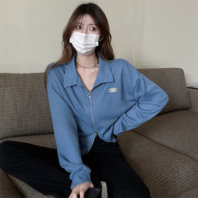 Large size autumn new Korean version versatile double zipper long-sleeved sweatshirt jacket loose slimming short polo collar top