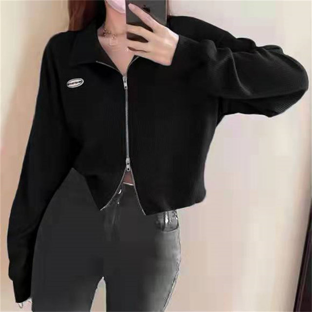 Large size autumn new Korean version versatile double zipper long-sleeved sweatshirt jacket loose slimming short polo collar top