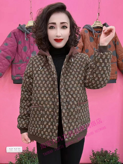 Hooded polka dot printed cotton jacket for women in autumn and winter new style mother suit loose thickened fashionable casual cotton jacket