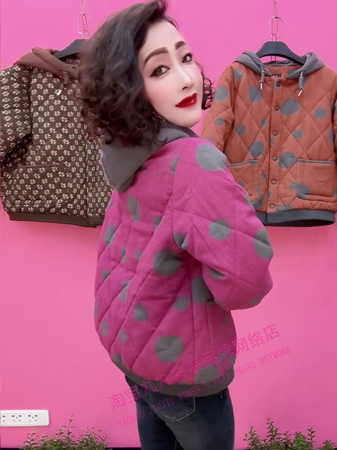 Hooded polka dot printed cotton jacket for women in autumn and winter new style mother suit loose thickened fashionable casual cotton jacket
