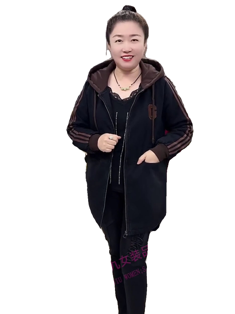 High-end large-size soft denim plus velvet jacket for women in winter mother suit color-blocking hooded embroidery fashionable medium-length cotton suit