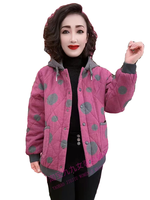 Hooded polka dot printed cotton jacket for women in autumn and winter new style mother suit loose thickened fashionable casual cotton jacket