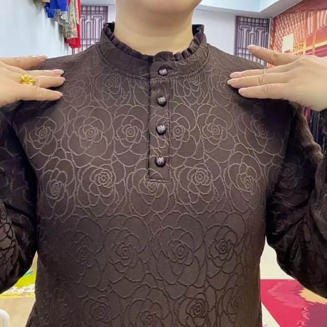 Dark pattern jacquard lace collar plus velvet warm shirt for women autumn and winter new style versatile long-sleeved bottoming shirt