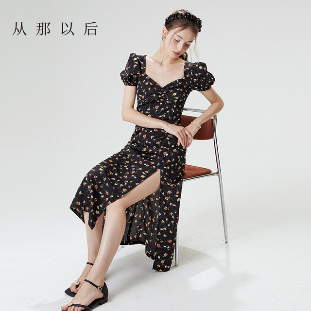 Since then, French floral dress short-sleeved tea skirt seaside vacation style red skirt women's summer new style