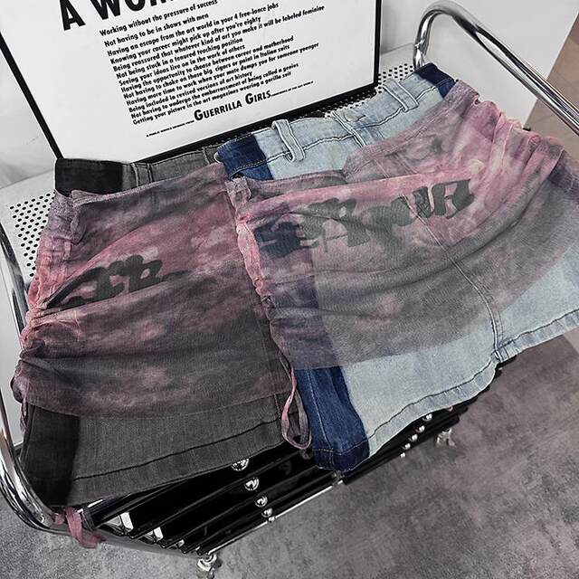 Design-sensible mesh splicing denim skirt for women in summer high-waisted A-line high-end hip-pack skirt skirt

