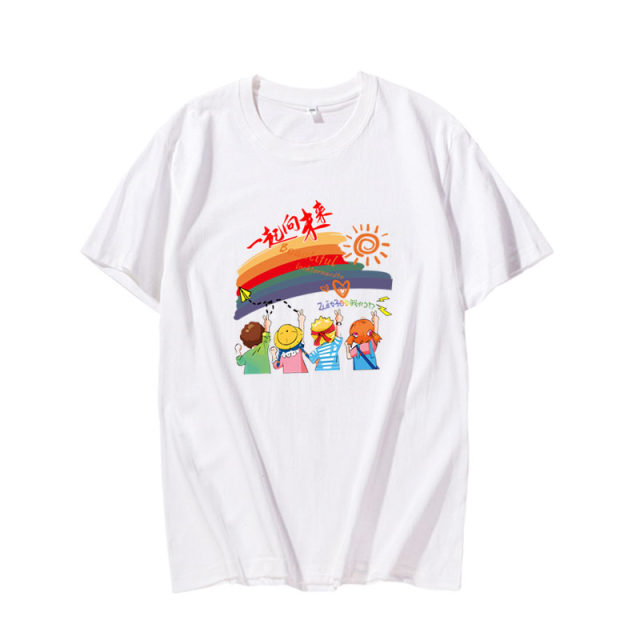 Rainbow parent-child clothing T-shirt children short-sleeved summer men and women white tops elementary school students kindergarten performance class uniform