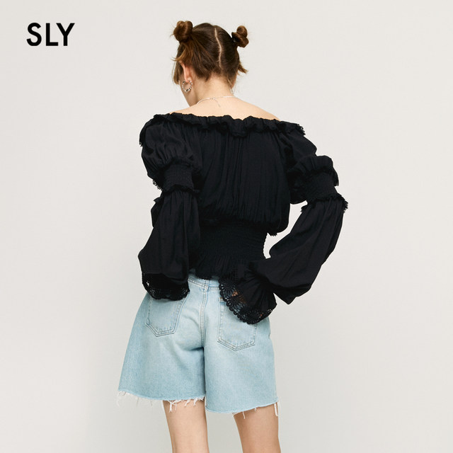 SLY Sweet Lady Style One-Line Collar Bow Flap Sleeve Lace Lace Shirt Women 038HAZ30-0281