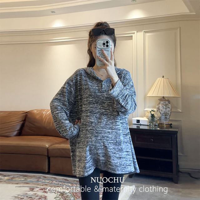 Lazy style hoodie~Pregnant women's autumn new simple and versatile three-button fashion long-sleeved T-shirt casual top trend