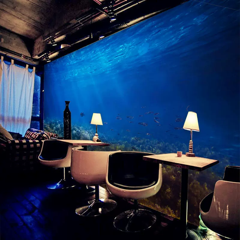 8d立体海底世界墙纸深海鱼群蓝色海洋海鲜主题餐厅壁布