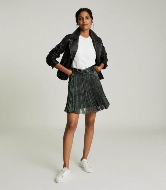 REISS skirt pleated skirt black leopard print short skirt tie waist typified British commuting versatile look slim