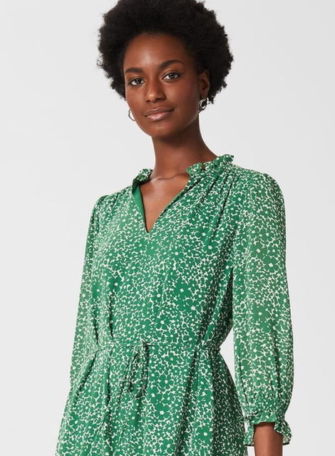 HobBS seven -point sleeve dress one -step skirt green floral belt V -neck, fresh summer lady, elegant and versatile
