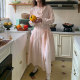 Herowrows Mama cotton light pink long-sleeved dress Lazy draped collar tethered strap large hem skirt