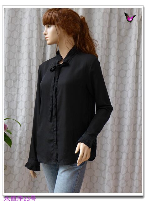 Spring and summer black and white stand collar tie ribbon straight commuter women long sleeve chiffon shirt thin shirt flared sleeves