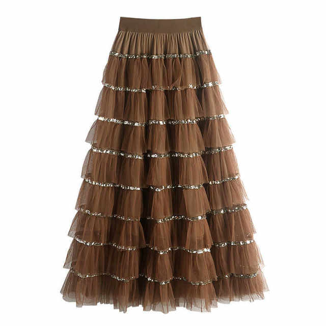 2024 spring and summer new French style sweet sequin spliced ​​mesh high waist big A-line cake skirt for women