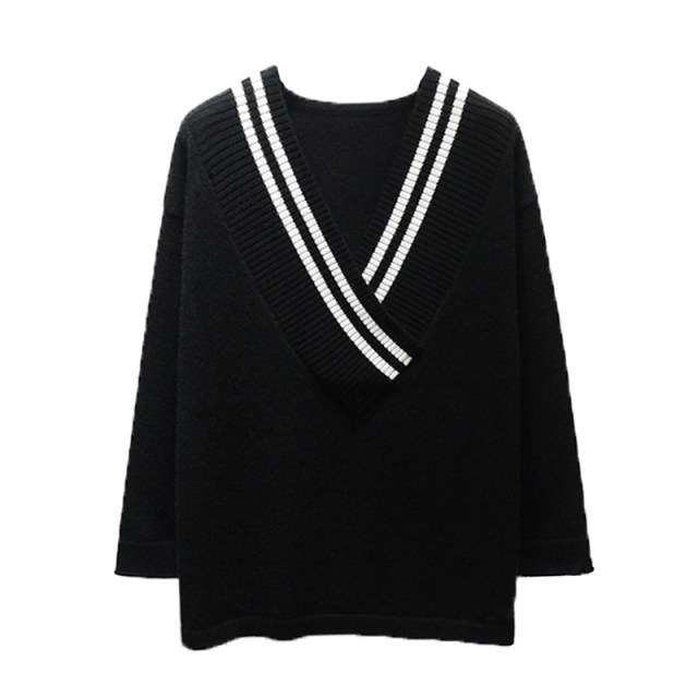Fei Color European Station Lazy Loose Large Size Long Sleeve Pullover Mid-Length Black Low Large V-Neck Sweater Knitwear for Women