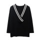 Fei Color European Station Lazy Loose Large Size Long Sleeve Pullover Mid-Length Black Low Large V-Neck Sweater Knitwear for Women