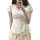 2023 summer new bm pure desire white three-button waist-hugging shirt lace lace V-neck short-sleeved top for women
