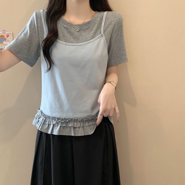 Large size high-end slinging suspender splicing fake two-piece short-sleeved T-shirt for women in summer fat MM covering belly to make them look slim and ruffled top
