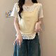 Large size high-end slinging suspender splicing fake two-piece short-sleeved T-shirt for women in summer fat MM covering belly to make them look slim and ruffled top
