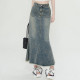 Furrowed fringed fishtail half-body denim skirt for women 2025 spring and summer new drooping old hip A-line midi skirt

