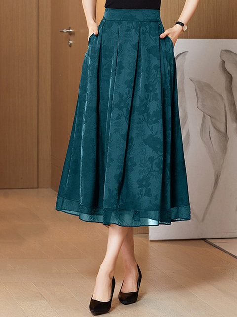 Xiangyunsha skirt women's summer mid-length national style skirt spring and autumn mother's a-line black silk skirt large size