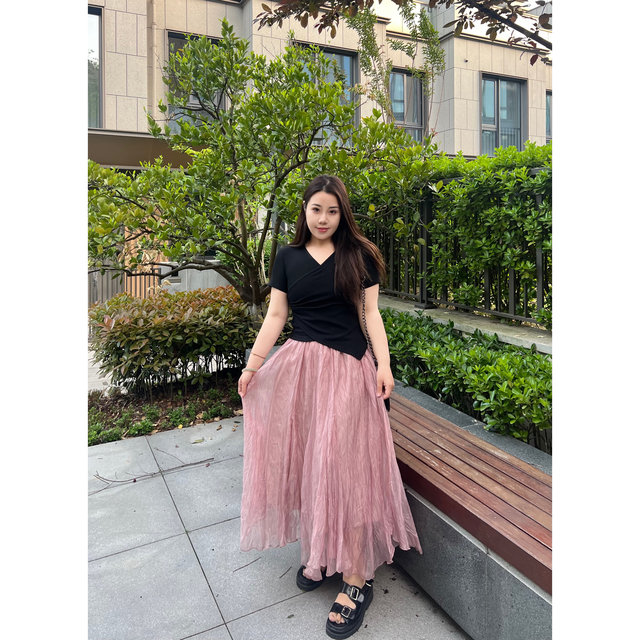 Meat rolls are slightly fat big size women's clothing petals irregular hem fat mm fairy atmosphere feeling skirt gauze skirt summer