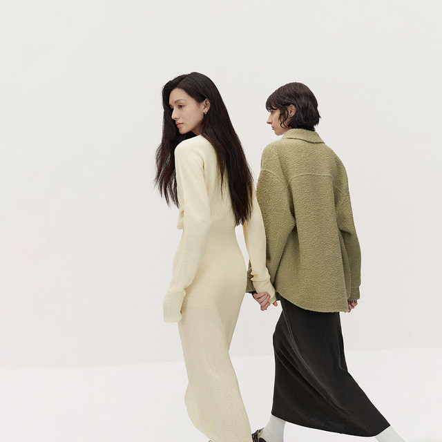 OCHIRLY wool V-neck wool knitted dress, long skirt, soft and waxy, warm and slimming, new autumn and winter product