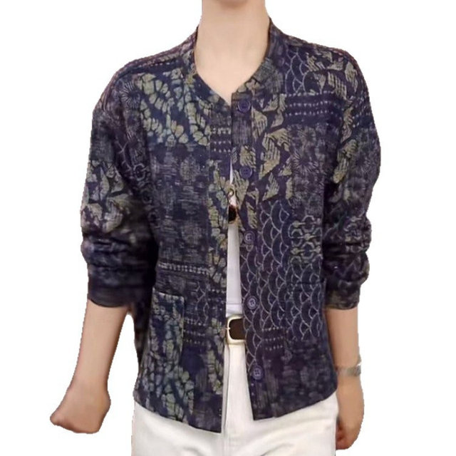 Mall genuine 2025 autumn fashionable retro printed long-sleeved temperament mother's jacket top