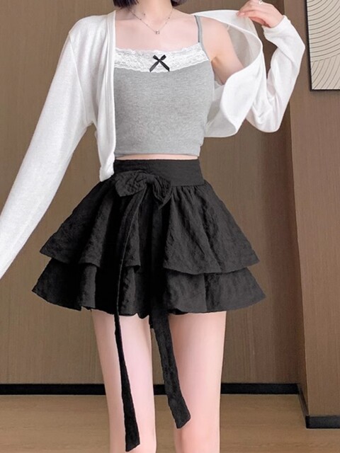 French retro ballet style fluffy cake skirt for women spring, autumn and summer a-line bow high-waist strap skirt