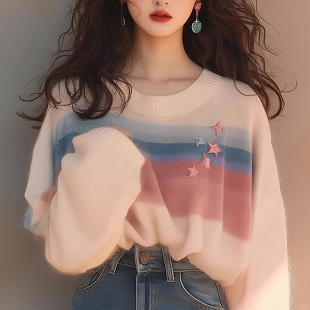 Rainbow striped round neck long sleeve sweater knitted sweater women's design niche high-end top women's new 2024 style