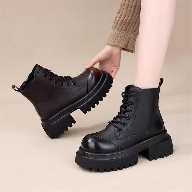 Autumn and Winter Leather Sponge Cake Thick-soled Martin Boots Thin Single Boots Heightening Short Boots All-match