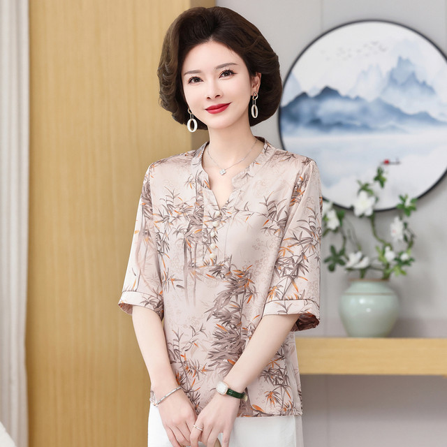 Mom's summer fashionable Chinese style half-sleeved T-shirt middle-aged and elderly women's temperament covered with belly chiffon shirt loose large size top