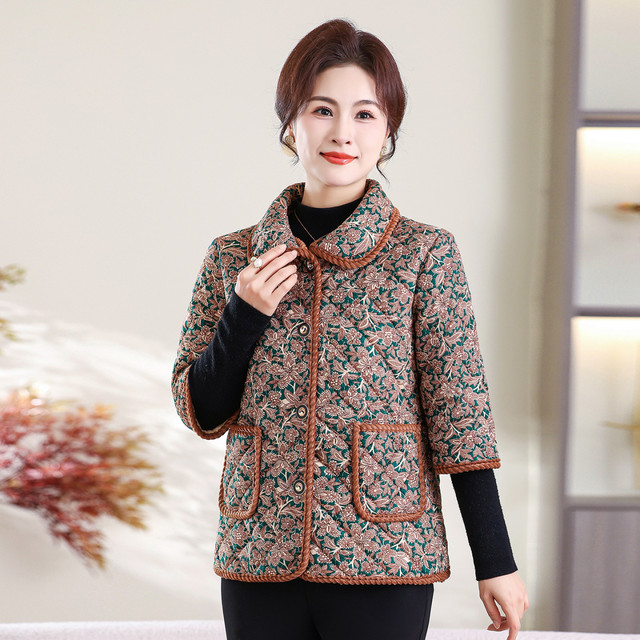 
Middle-aged and elderly women's clothing autumn and winter plus velvet three-quarter sleeves cotton vest mother's loose vest thickened warm sleeves cotton coat