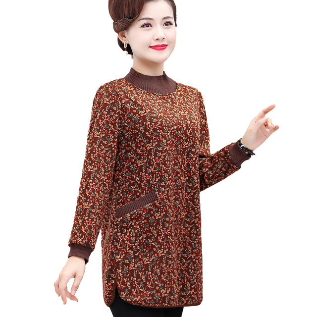 Mom plus fat plus size medium-length base shirt middle-aged plus velvet long sleeve middle-aged and elderly women's autumn and winter thick top